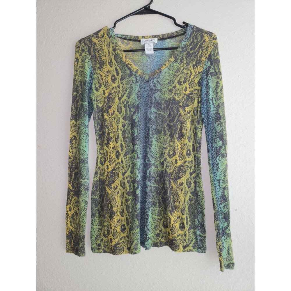 Carmen Marc Valvo Womens Long Sleeve Snake Print Top Green Blue Size XS